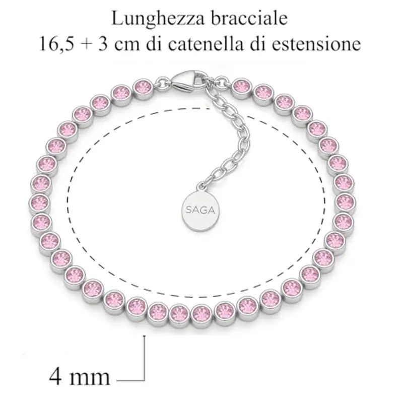 SAGA GIOIELLI® Bracciale Tennis Unisex in Acciaio Inossidabile, Lunghezza 16, 5+3 cm, Zirconi da 4 mm, Regolabile – Elegante e Resistente, Idea Regalo Uomo Donna (ROSA) miniatura 2