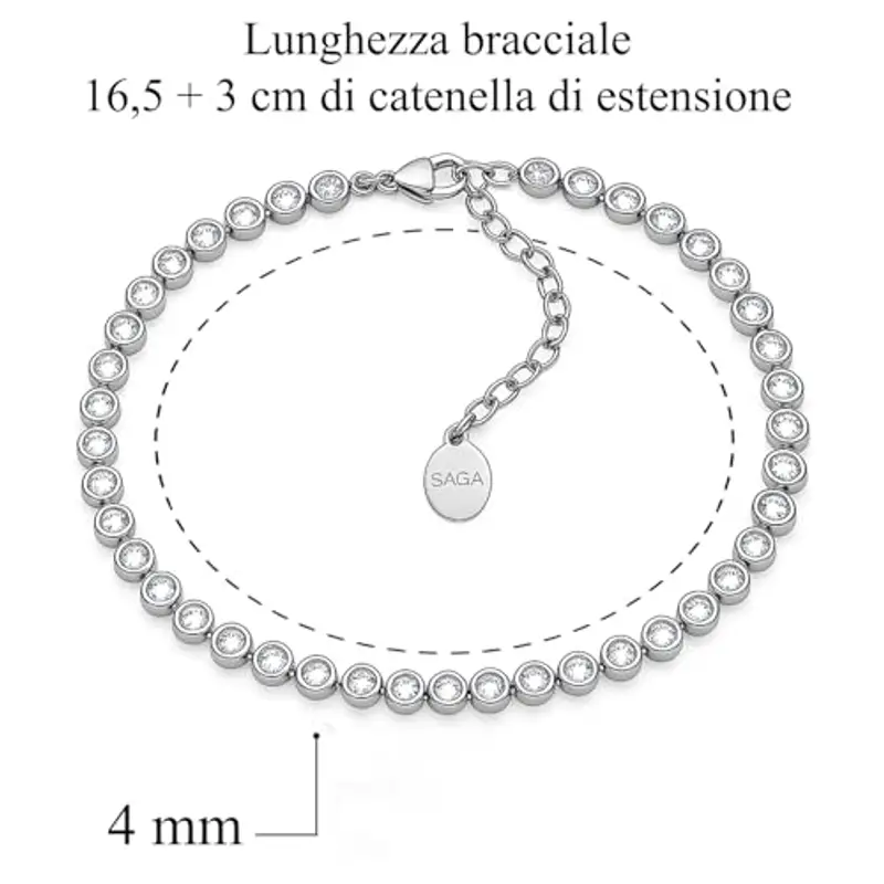 SAGA GIOIELLI® Bracciale Tennis Unisex in Acciaio Inossidabile, Lunghezza 16, 5+3 cm, Zirconi da 4 mm, Regolabile – Elegante e Resistente, Idea Regalo Uomo Donna (TRASPARENTE) miniatura 2