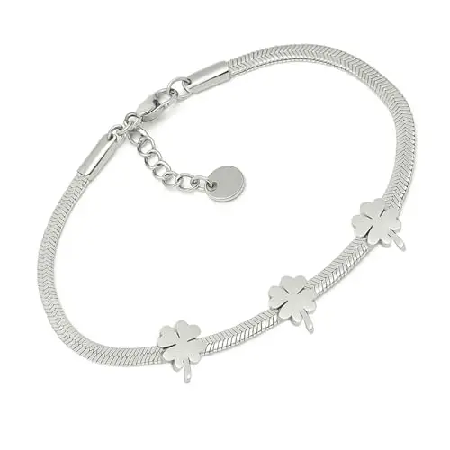 SAGA GIOIELLI® Bracciale Unisex Donna Uomo Piattina Dorata Argentata Lunghezza Regolabile Quadrifoglio Portafortuna