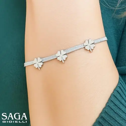 SAGA GIOIELLI® Bracciale Unisex Donna Uomo Piattina Dorata Argentata Lunghezza Regolabile Quadrifoglio Portafortuna miniatura 3