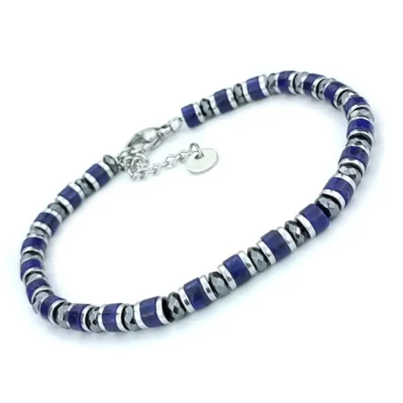 SAGA GIOIELLI® Bracciale Uomo Rondelle Pietre Dure Acciaio (LAPISLAZZULI E CRISTALLI)
