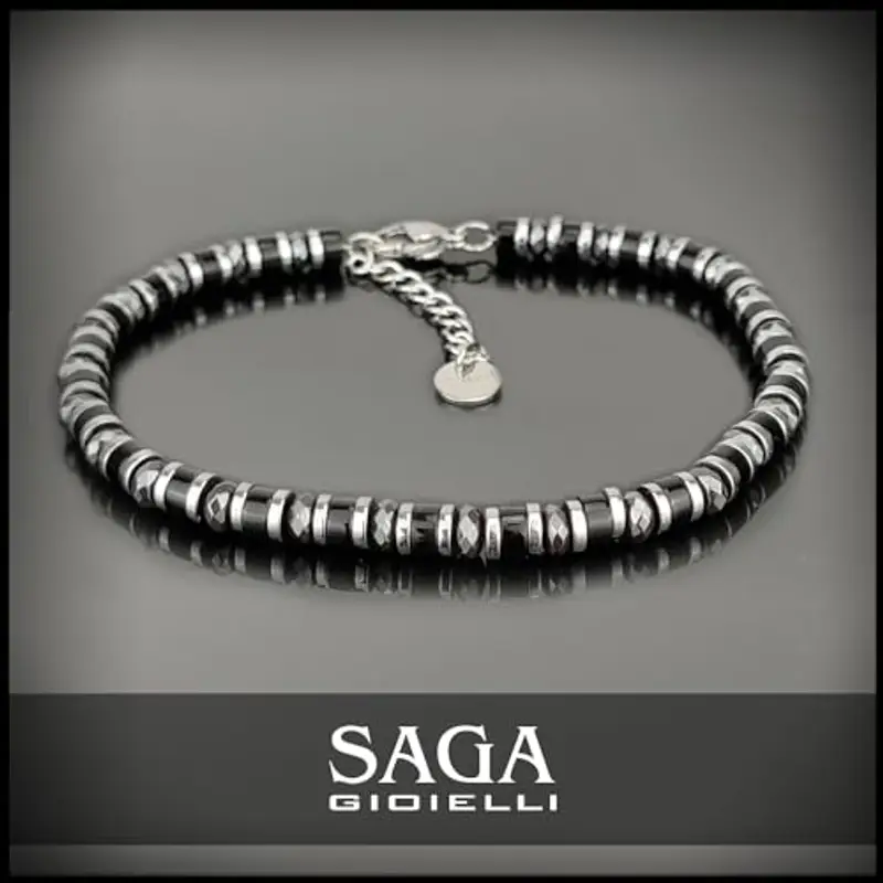 SAGA GIOIELLI® Bracciale Uomo Rondelle Pietre Dure Acciaio (ONICE E CRISTALLI) miniatura 2