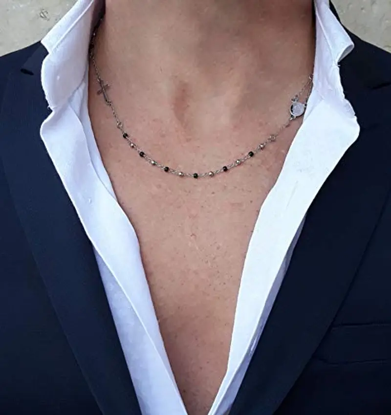 SAGA GIOIELLI COLLANA ROSARIO UOMO DONNA GIROGOLA SFERE NERE ARGENTO ACCIAIO miniatura 3