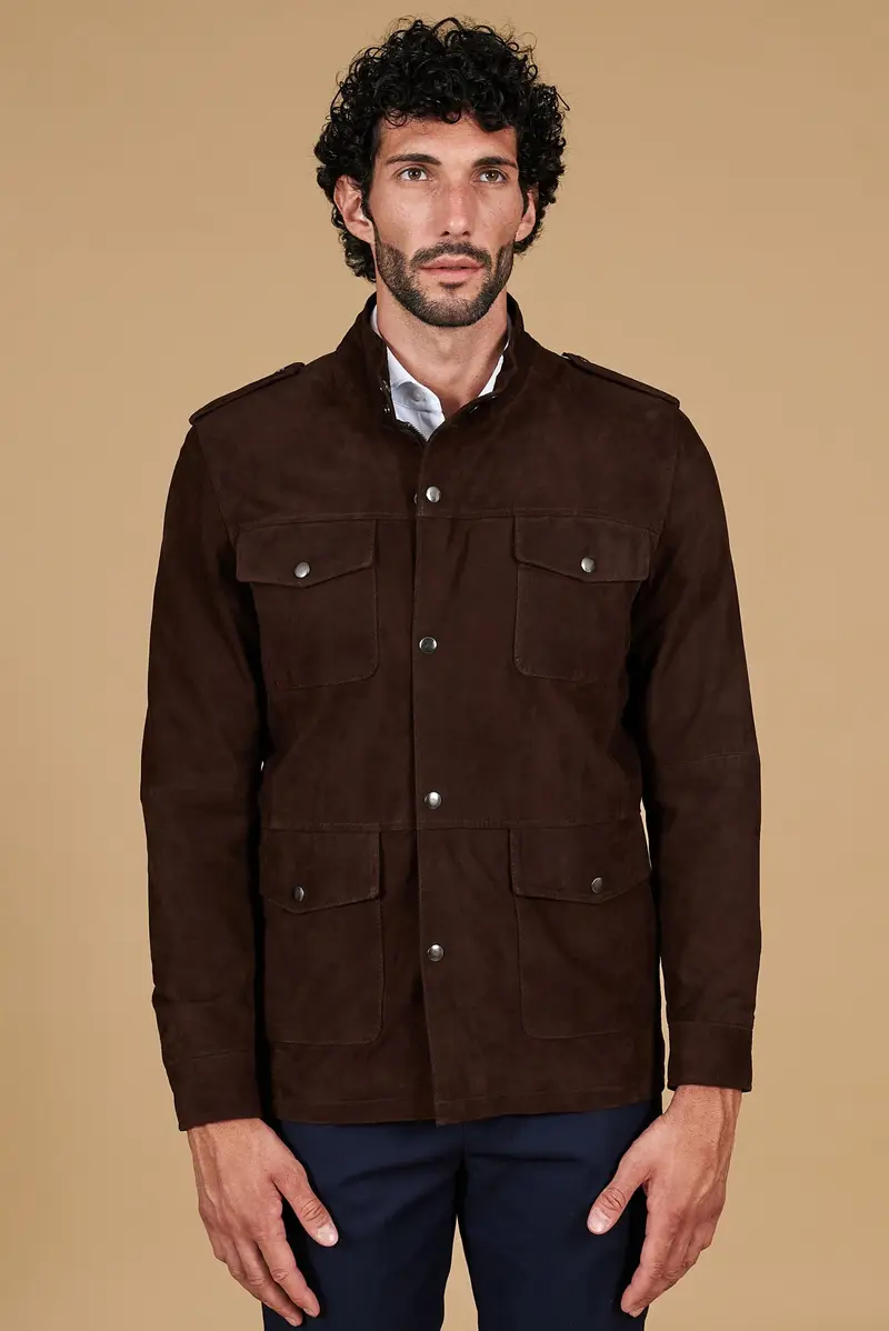 Sahariana camoscio uomo testa di moro con tasche applicate D'Arienzo, Seleziona Taglia 50, Colore Testa di moro