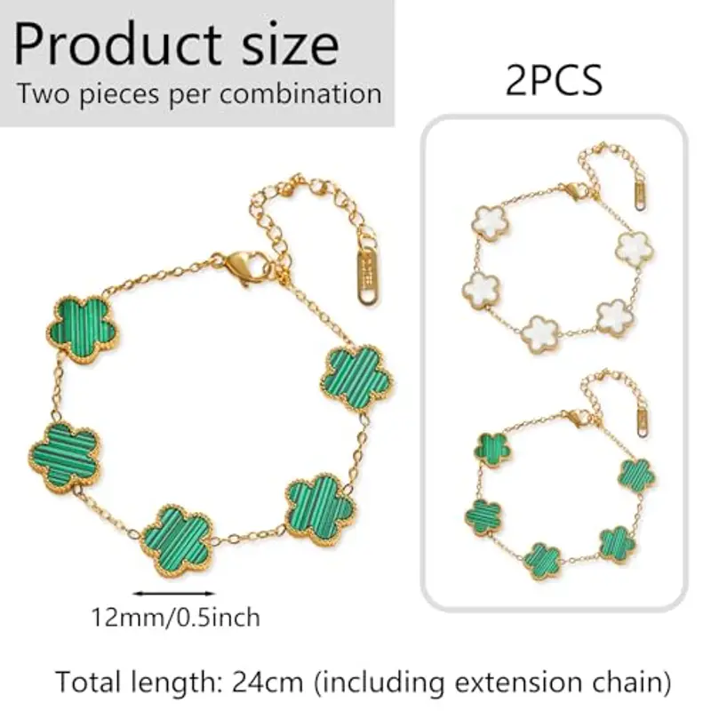 Saituo Home 2 Pezzi Bracciale Quadrifoglio, Bracciale Portafortuna Donna Quadrifoglio Donna Gioielli Placcati in Oro 18 Carati, Regali di Amicizia per Ragazze, Regali di San Valentino(bianco/verde) miniatura 2