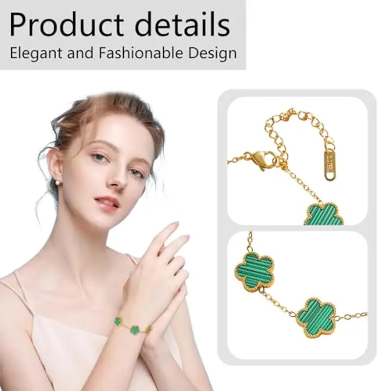 Saituo Home 2 Pezzi Bracciale Quadrifoglio, Bracciale Portafortuna Donna Quadrifoglio Donna Gioielli Placcati in Oro 18 Carati, Regali di Amicizia per Ragazze, Regali di San Valentino(bianco/verde) miniatura 3