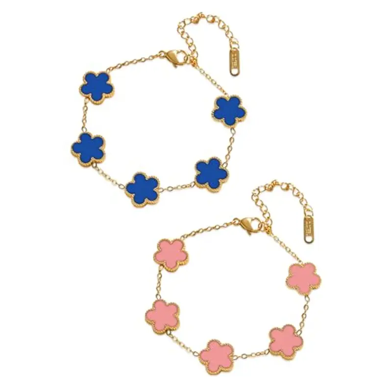 Saituo Home 2 Pezzi Bracciale Quadrifoglio,Bracciale Portafortuna Donna Quadrifoglio Donna Gioielli Placcati in Oro 18 Carati,Regali di Amicizia per Ragazze, Regali di San Valentino(rosa/blu)