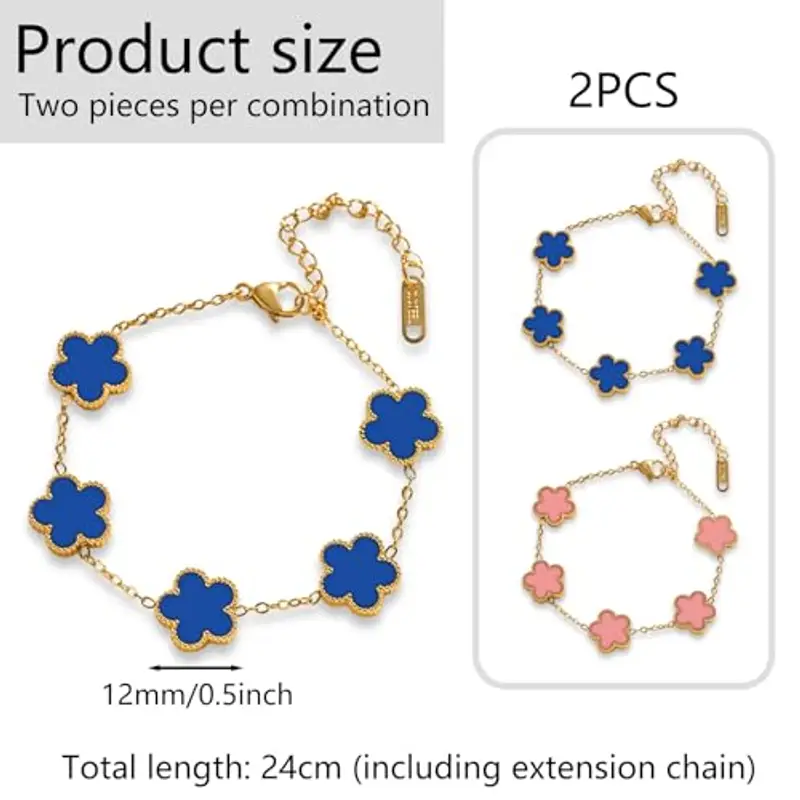 Saituo Home 2 Pezzi Bracciale Quadrifoglio, Bracciale Portafortuna Donna Quadrifoglio Donna Gioielli Placcati in Oro 18 Carati, Regali di Amicizia per Ragazze, Regali di San Valentino(rosa/blu) miniatura 2
