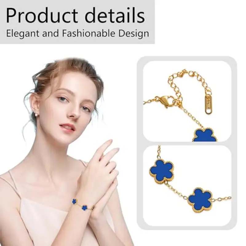 Saituo Home 2 Pezzi Bracciale Quadrifoglio, Bracciale Portafortuna Donna Quadrifoglio Donna Gioielli Placcati in Oro 18 Carati, Regali di Amicizia per Ragazze, Regali di San Valentino(rosa/blu) miniatura 3