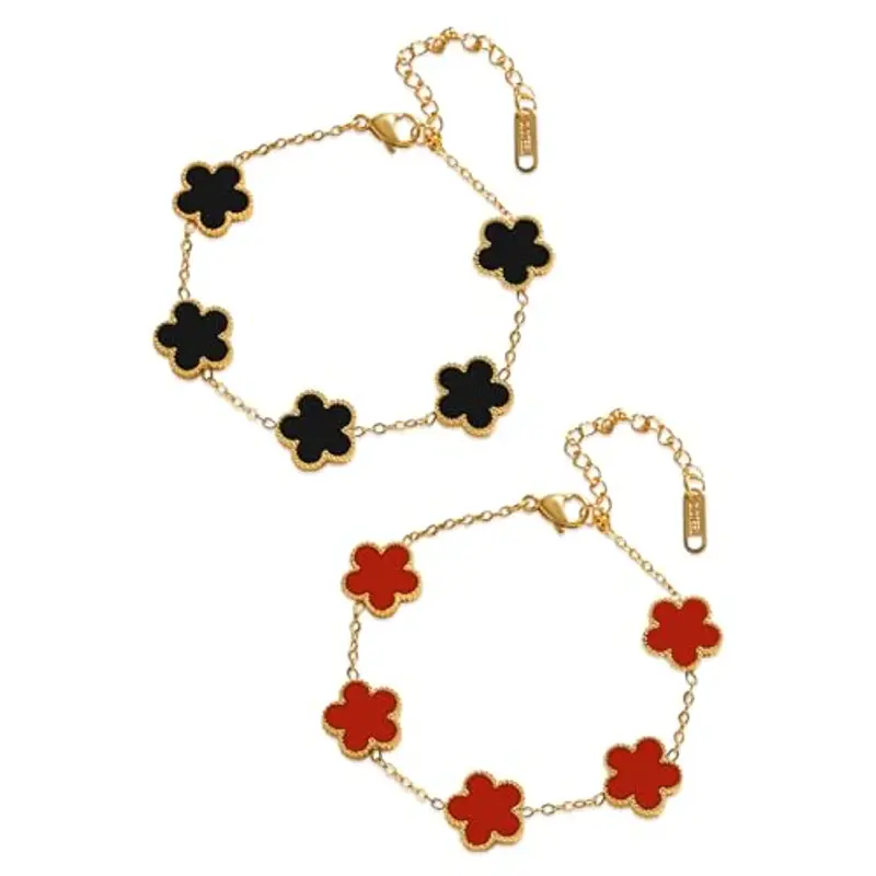 Saituo Home 2 Pezzi Bracciale Quadrifoglio,Bracciale Portafortuna Donna Quadrifoglio Donna Gioielli Placcati in Oro 18 Carati,Regali di Amicizia per Ragazze, Regali di San Valentino(rosso/nero)