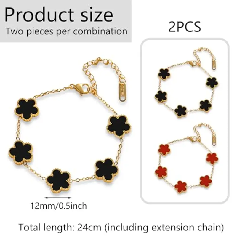 Saituo Home 2 Pezzi Bracciale Quadrifoglio, Bracciale Portafortuna Donna Quadrifoglio Donna Gioielli Placcati in Oro 18 Carati, Regali di Amicizia per Ragazze, Regali di San Valentino(rosso/nero) miniatura 2