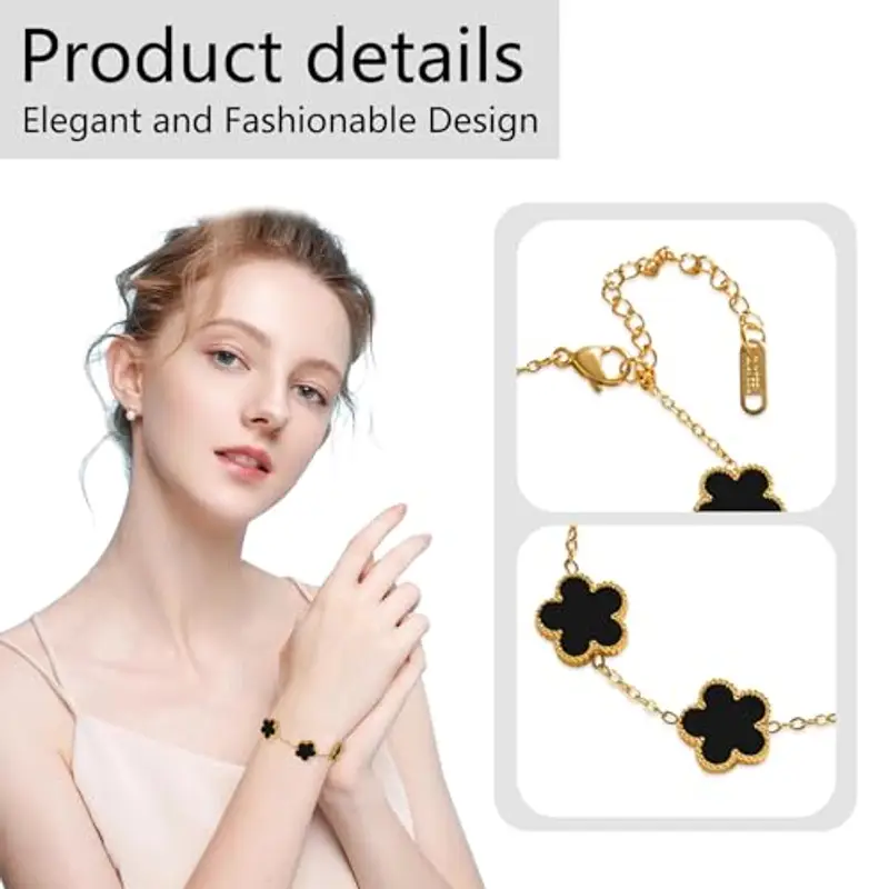 Saituo Home 2 Pezzi Bracciale Quadrifoglio, Bracciale Portafortuna Donna Quadrifoglio Donna Gioielli Placcati in Oro 18 Carati, Regali di Amicizia per Ragazze, Regali di San Valentino(rosso/nero) miniatura 3