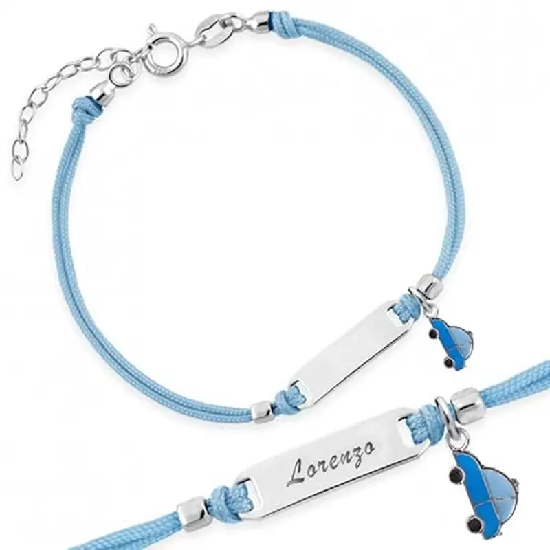 Sakrami Bracciale Argento 925 Bimbo Cordoncino Azzurro Macchinina Kids Collection + Confezione Regalo Personalizzata - Braccialetto per Nascita Comunione o Battesimo