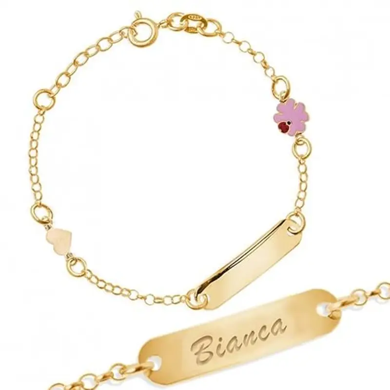 Sakrami Bracciale in Argento 925 Piastrina Incidibile per Bambini con Quadrifoglio Smaltato + Confezione Regalo Personalizzata - Braccialetto per Nascita Comunione o Battesimo
