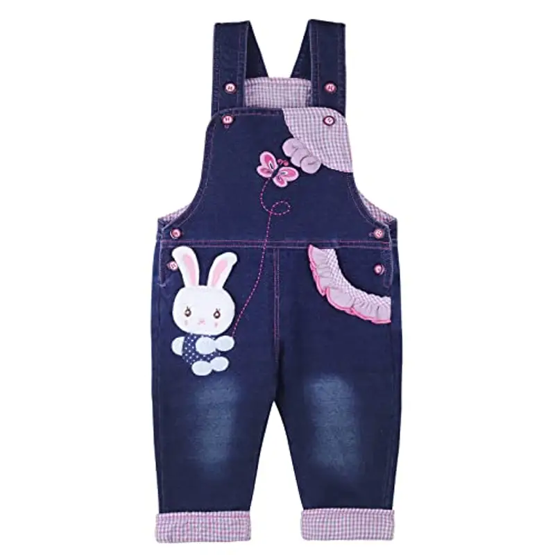 Salopette jeans da bambina, lunghezza regolabile, con animale, coniglio e farfalla, colore: blu Blu XL