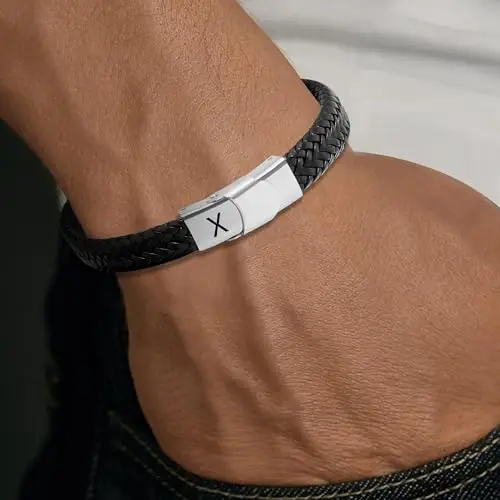 SAMINO Cuoio Nero 26 Bracciale Iniziale Per Il Mio Uomo Acciaio Inossidabile A-Z Lettera Charm Bracciale Intrecciato miniatura 2