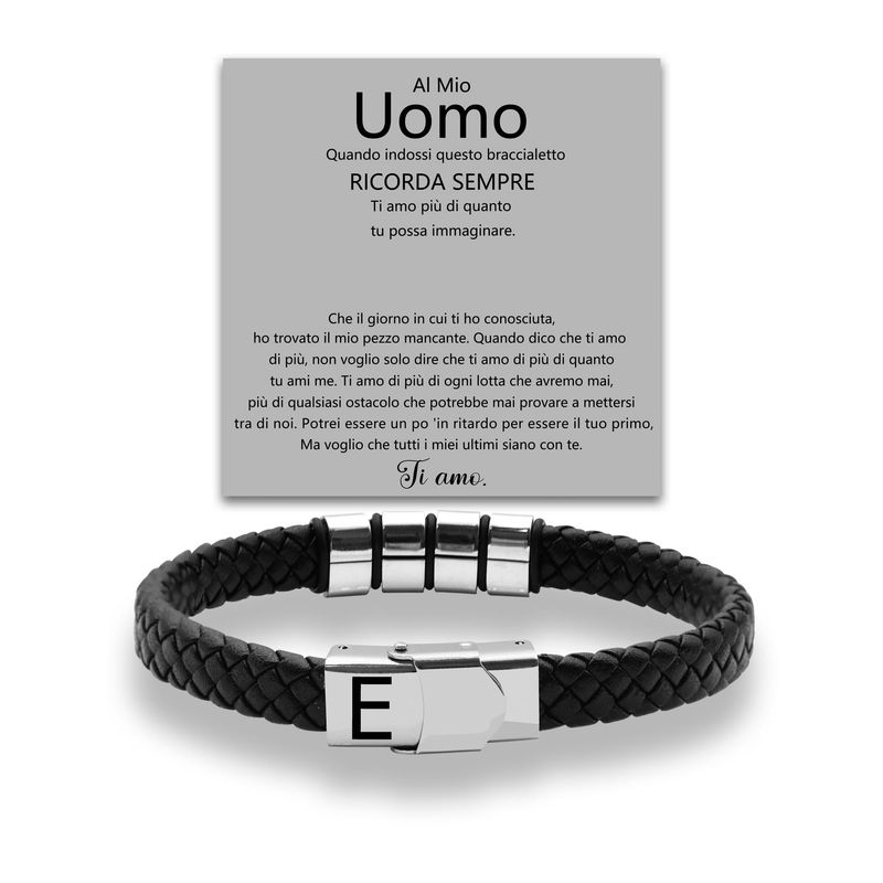 SAMINO Bracciale Iniziale Uomo - Cuoio Nero Acciaio