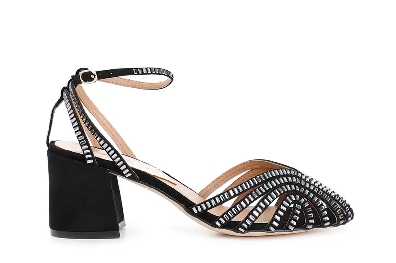 sandali a gabbia laccio alla caviglia in microfibra e strass nero