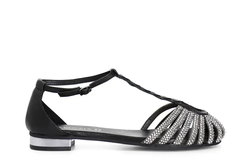 sandali a "t" in pelle con microstrass nero