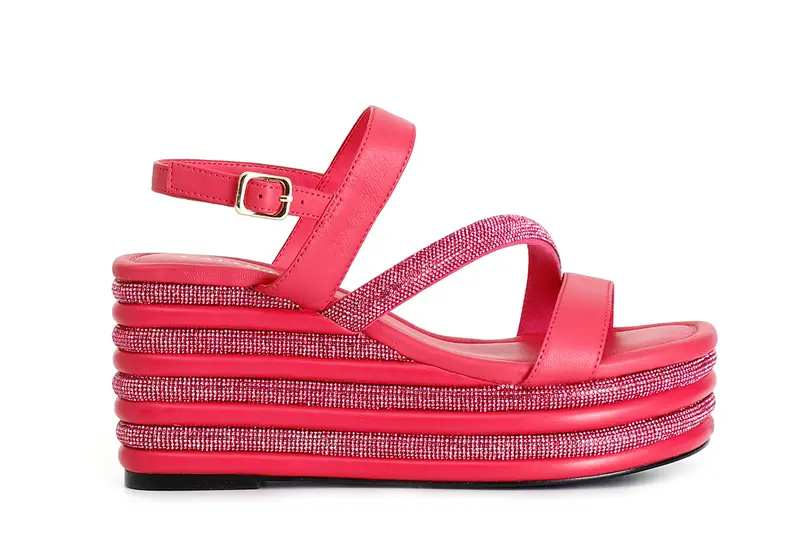 sandali asimmetrici strass e nappa con zeppa righe strass fuxia 40