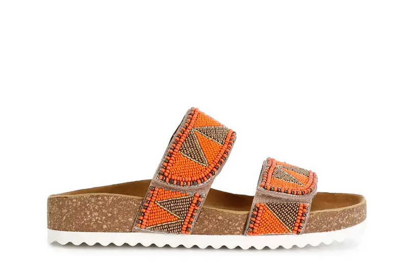 sandali bassi modello ciabatta in sughero e strass bicolor arancio/marrone