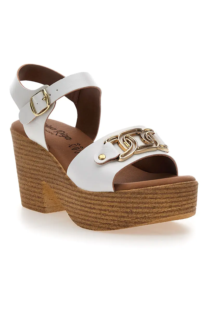 Sandali Bianchi con Fibbia Oro e Tacco A Blocco PRIMA RIGA 10 miniatura 2