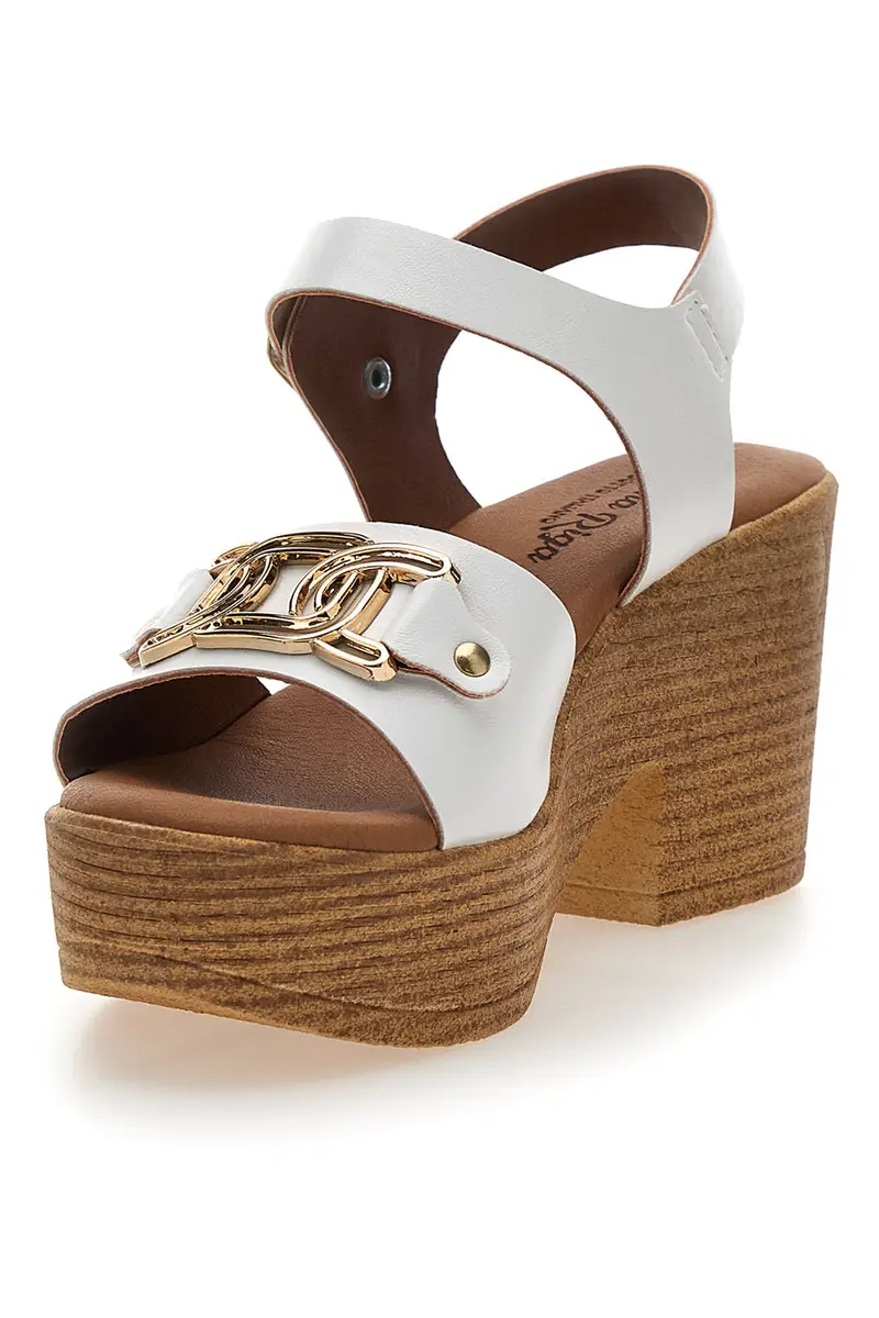 Sandali Bianchi con Fibbia Oro e Tacco A Blocco PRIMA RIGA 10 miniatura 3