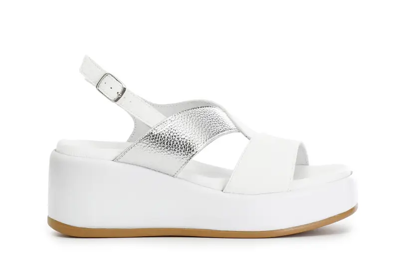 sandali bicolor su zeppa in pelle bianco