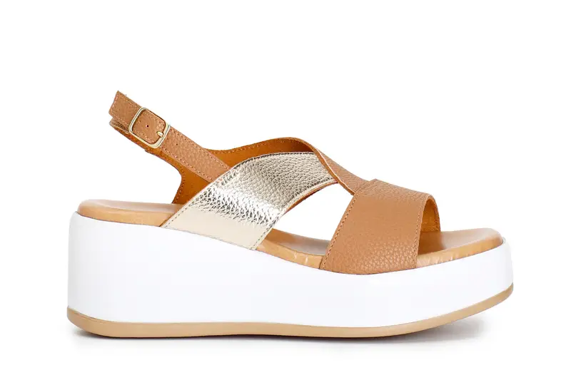 sandali con incrocio bicolore biscotto/oro