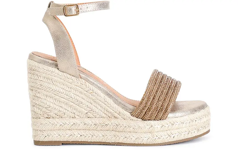 sandali con mignons strass su zeppa corda platino