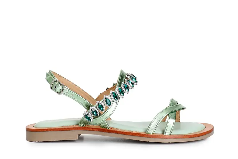 sandali doppia fascia in pelle laminata con accessorio strass menta