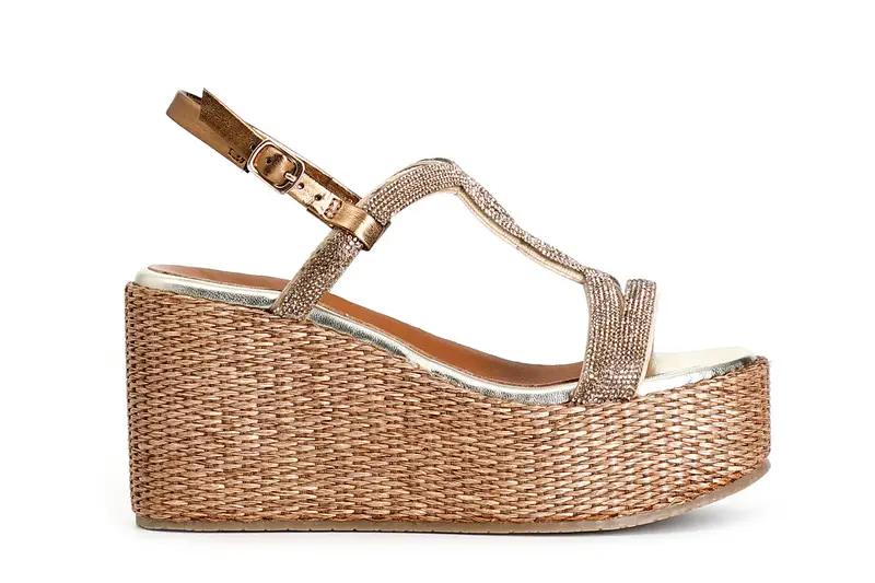 sandali doppia fascia in strass zeppa in rafia ambra 40