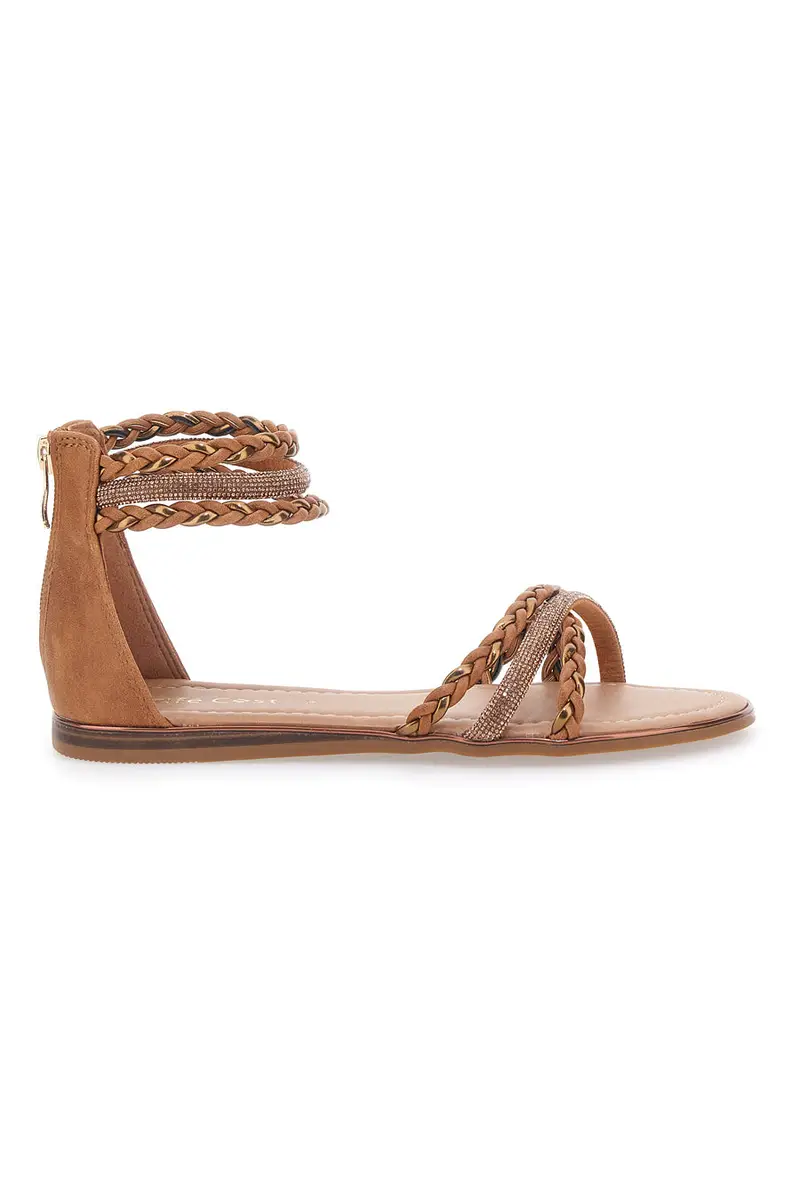 Sandali flat marrone con fasce glitterate intrecciate e cerniera posteriore Cafè Cost