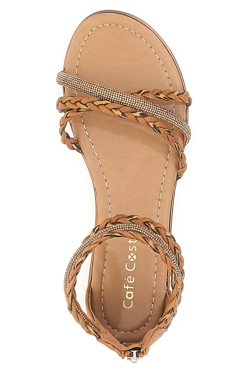 Sandali flat marrone con fasce glitterate intrecciate e cerniera posteriore Cafè Cost miniatura 3