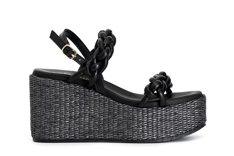 sandali frate su zeppa in rafia nero