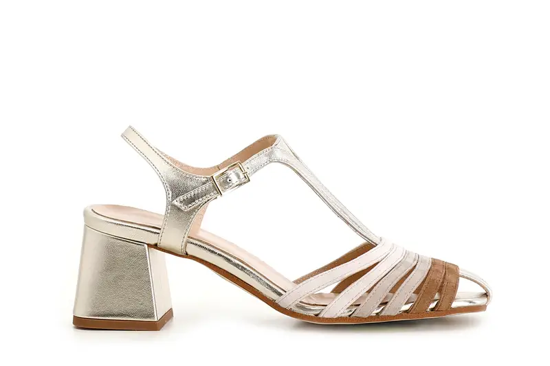 sandali gabbia modello gilda realizzati in camoscio multi platino