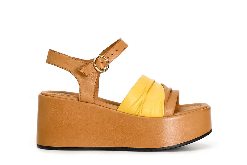 sandali gilda bicolore in pelle cuoio/giallo