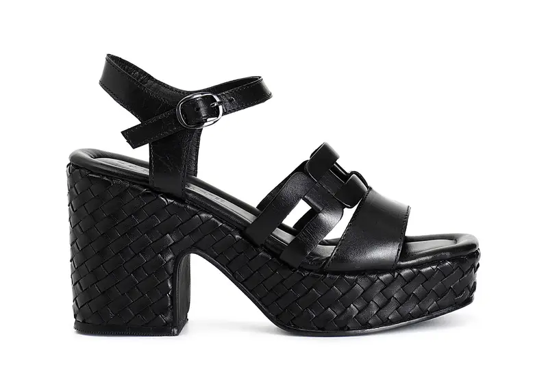 sandali gilda in pelle due fasce davanti zeppa intrecciata nero 37