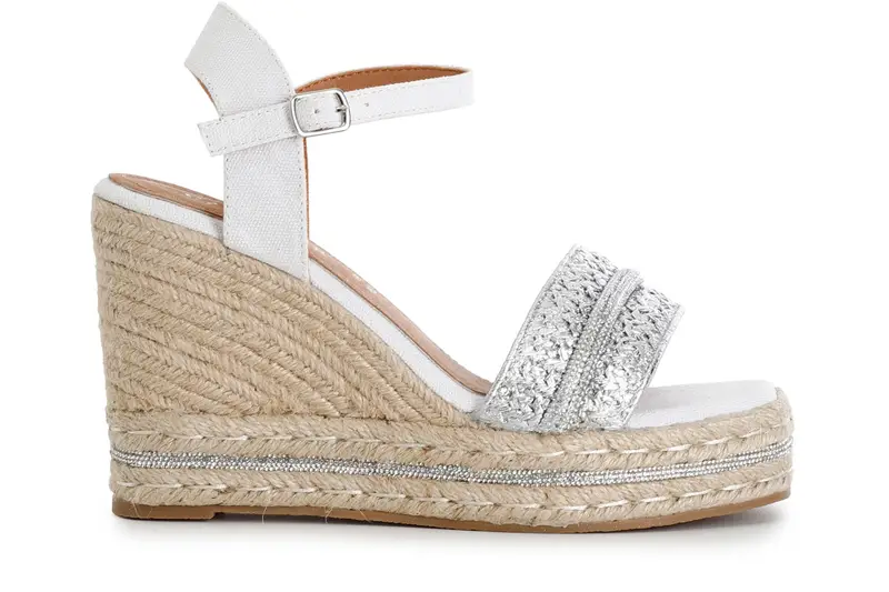 sandali gilda in rafia e tessuto con zeppa corda argento