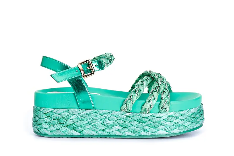 sandali gilda tre fasce rafia e strass turchese