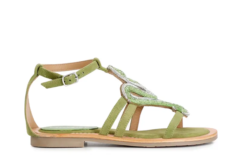 sandali in camoscio con accessorio strass verde 36