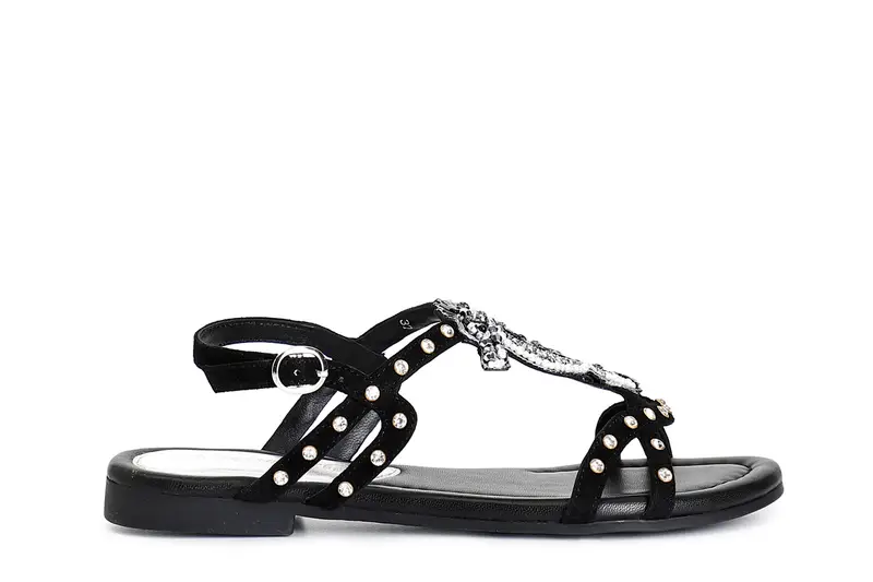 sandali in camoscio con borchie e cavalluccio nero