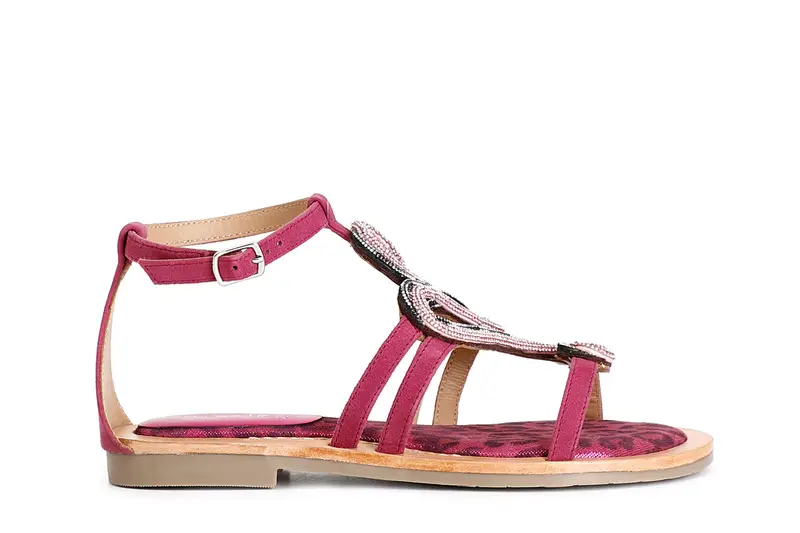 sandali in camoscio e stampa maculata con accessorio strass multi fuxia 37