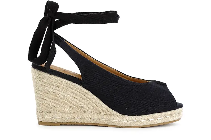 sandali in canvas su zeppa in corda nero