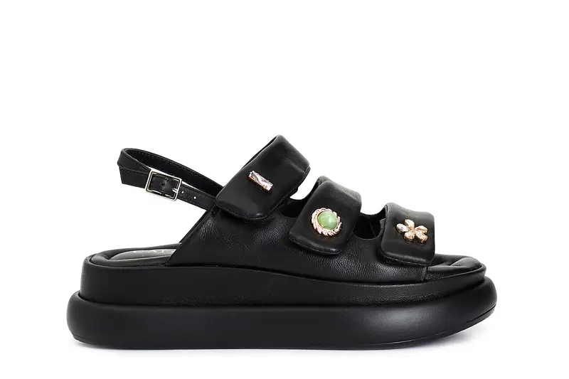 sandali in pelle con bottoni e velcri nero 39