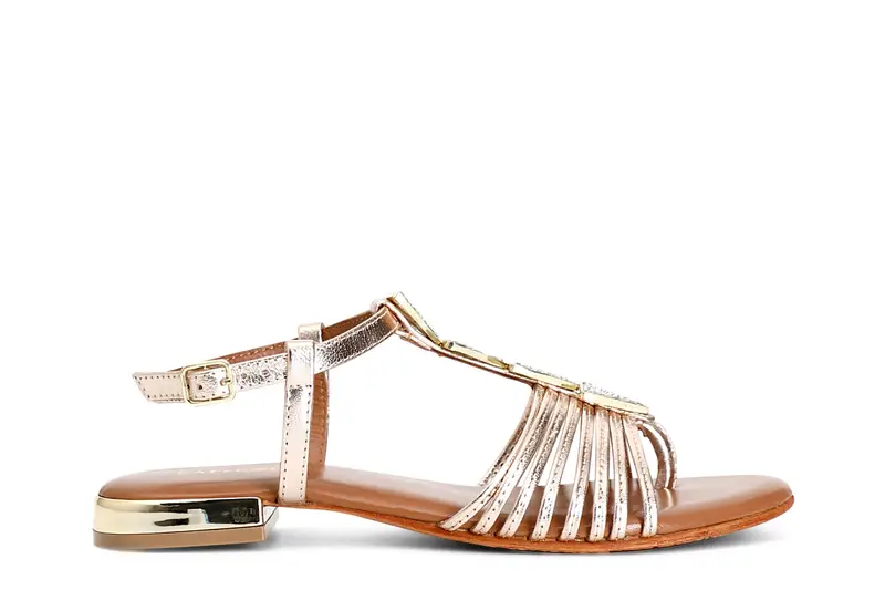 sandali in pelle mignon con accessorio triangolo strass oro