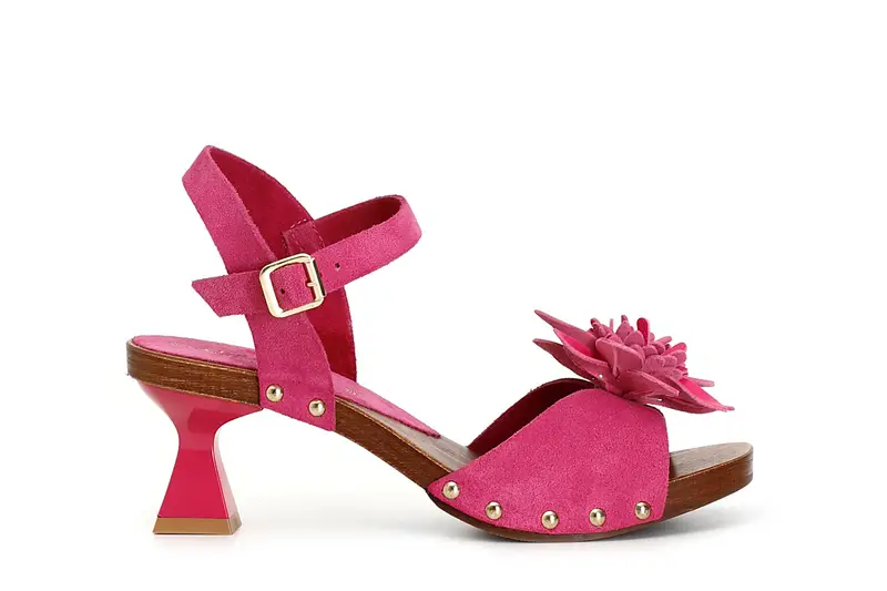 sandali in pelle scamosciata con fiore 3d e cinturino alla caviglia fuxia