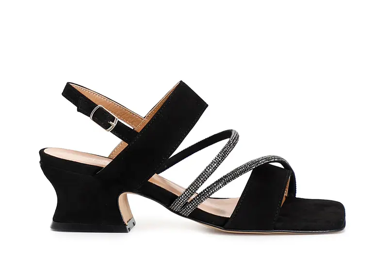 sandali in pelle scamosciata con strass nero