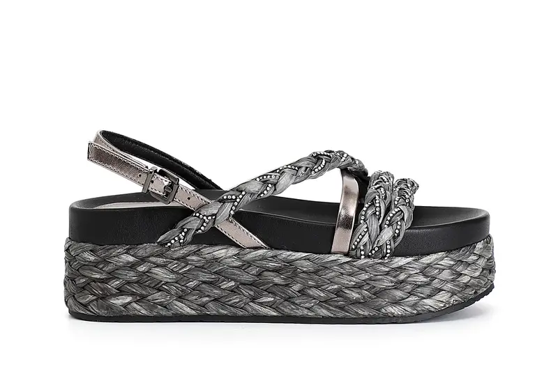 sandali in raffia intrecciata e strass antracite