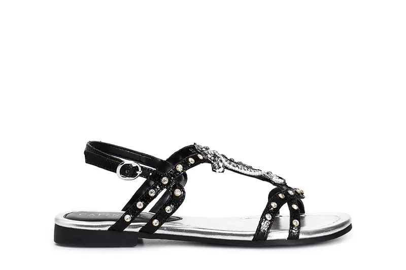 sandali in similpelle craquelet con borchie e cavalluccio nero 36